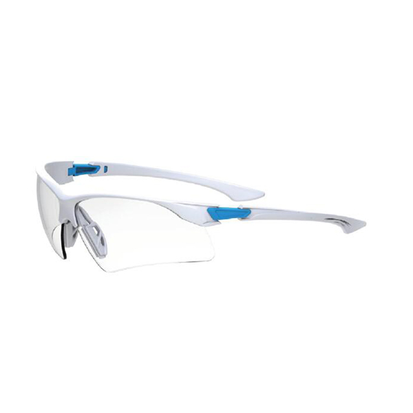 Semi-Rimless Safety Glasses with Blue and white glasses feet (earpiece), Clear Lens and Anti-Scratch / Anti-Fog Coating