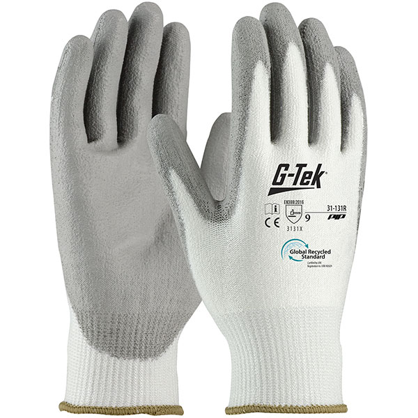 Seamless Knit Recycled Yarn / Spandex Blended Glove with Polyurethane Coated Flat Grip on Palm & Fingers